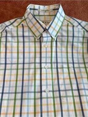 Orvis Men's White Plaid Button-Down Shirt with Blue, Green & Yellow Stripes